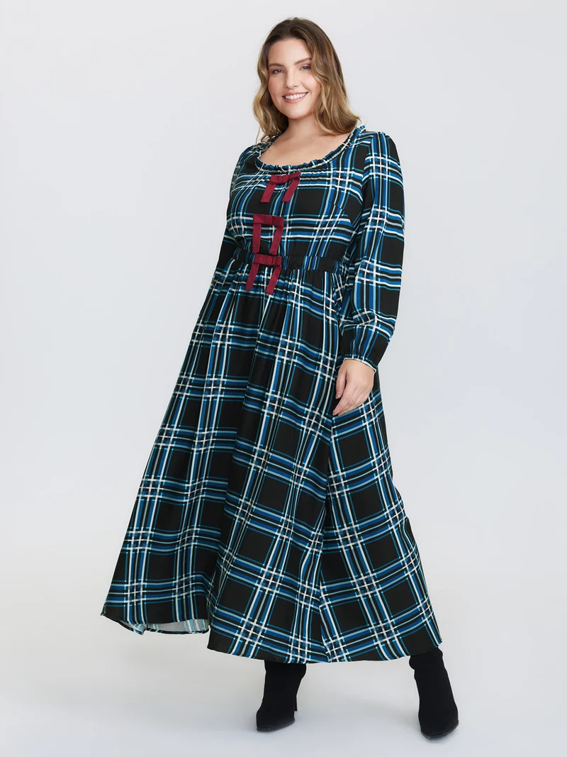 Plaid Pattern Bowknot Pockets Maxi Dress