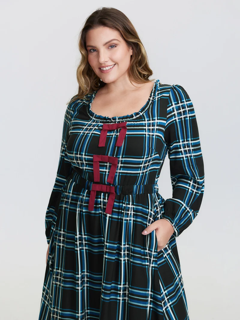 Plaid Pattern Bowknot Pockets Maxi Dress