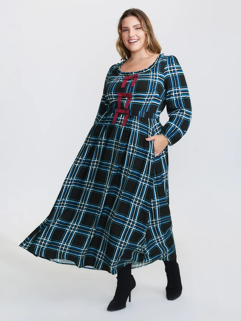 Plaid Pattern Bowknot Pockets Maxi Dress