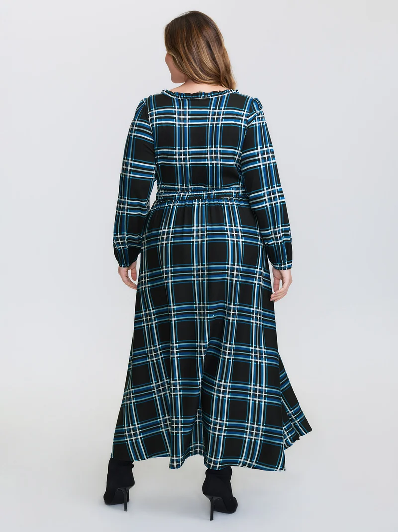Plaid Pattern Bowknot Pockets Maxi Dress