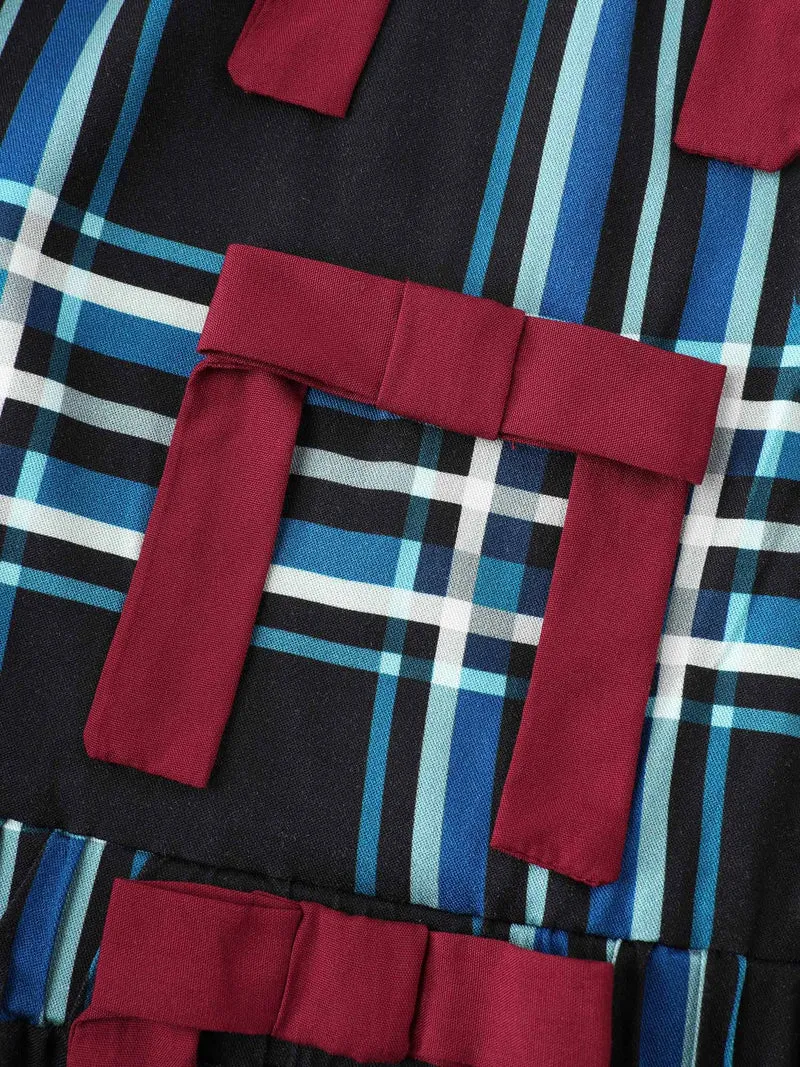 Plaid Pattern Bowknot Pockets Maxi Dress