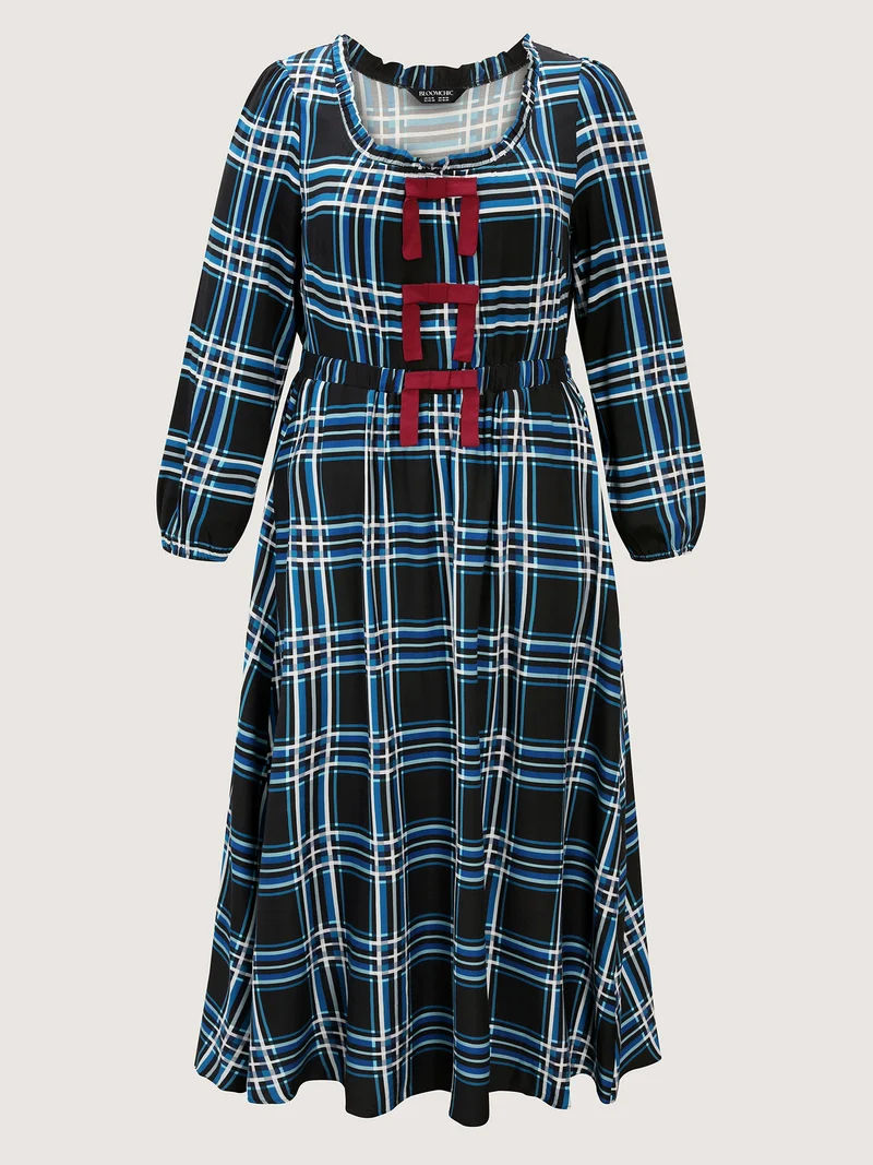 Plaid Pattern Bowknot Pockets Maxi Dress
