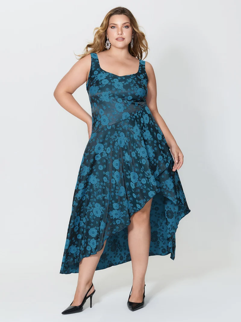 Floral Satin Stretch Asymmetrical Hem Midi Dress