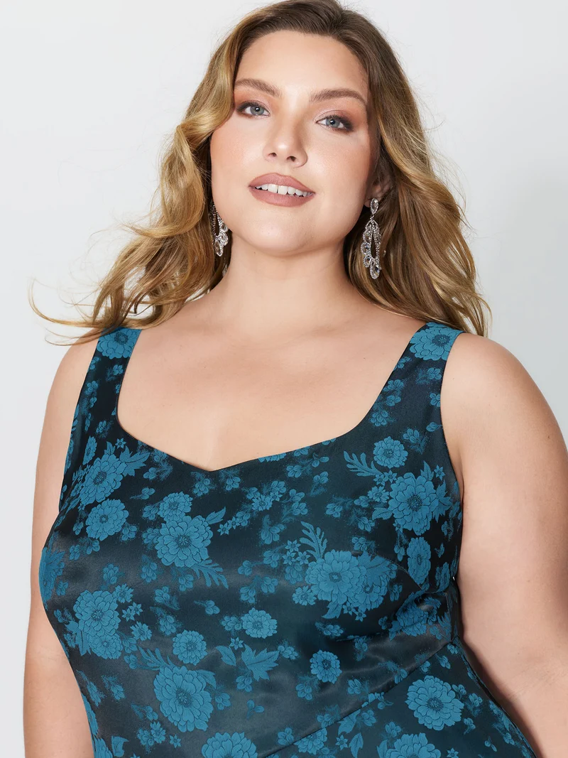 Floral Satin Stretch Asymmetrical Hem Midi Dress