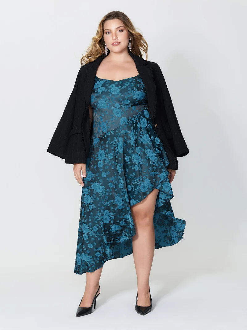Floral Satin Stretch Asymmetrical Hem Midi Dress