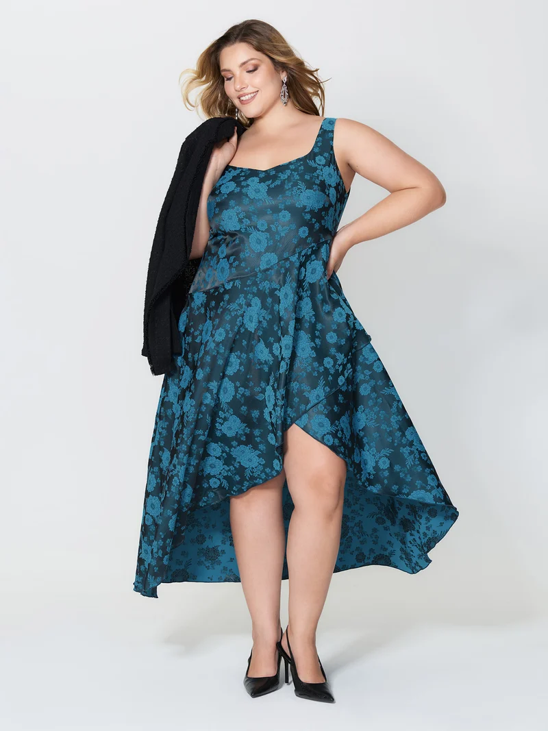 Floral Satin Stretch Asymmetrical Hem Midi Dress