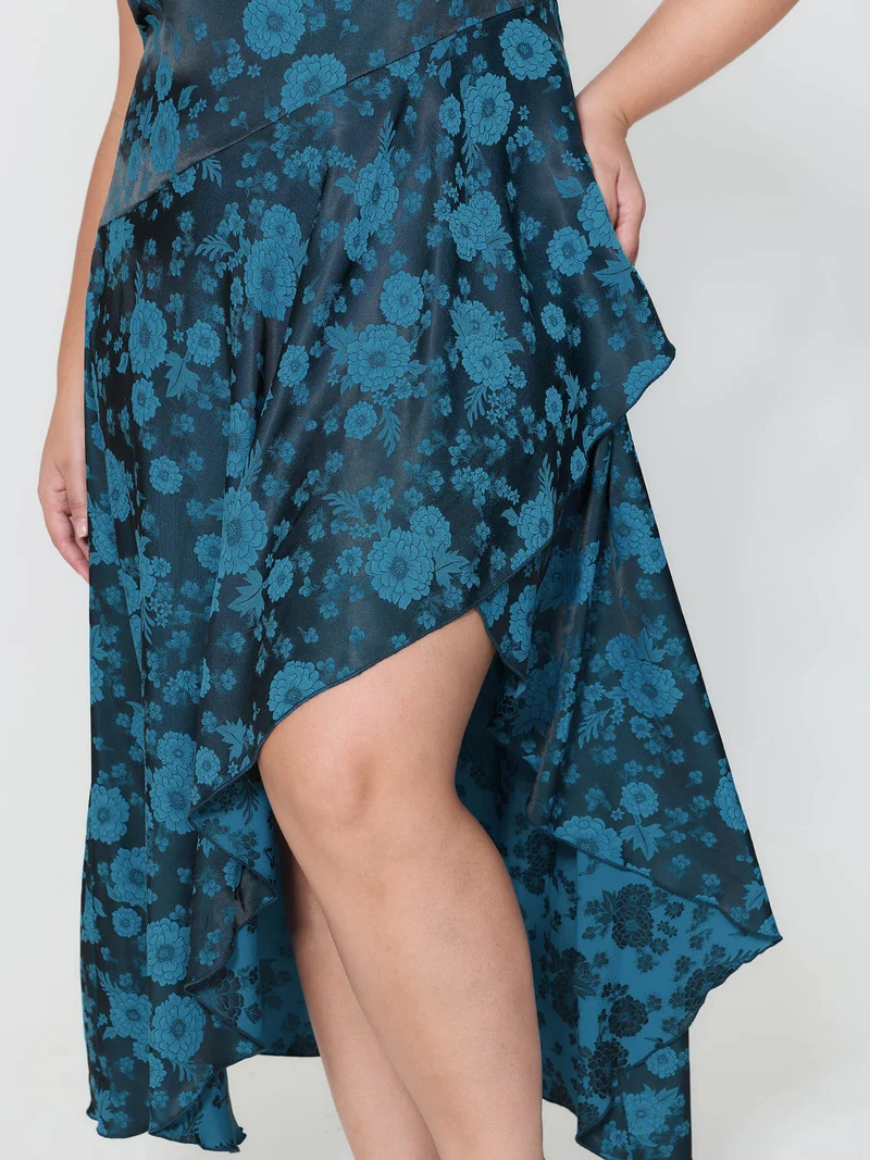Floral Satin Stretch Asymmetrical Hem Midi Dress