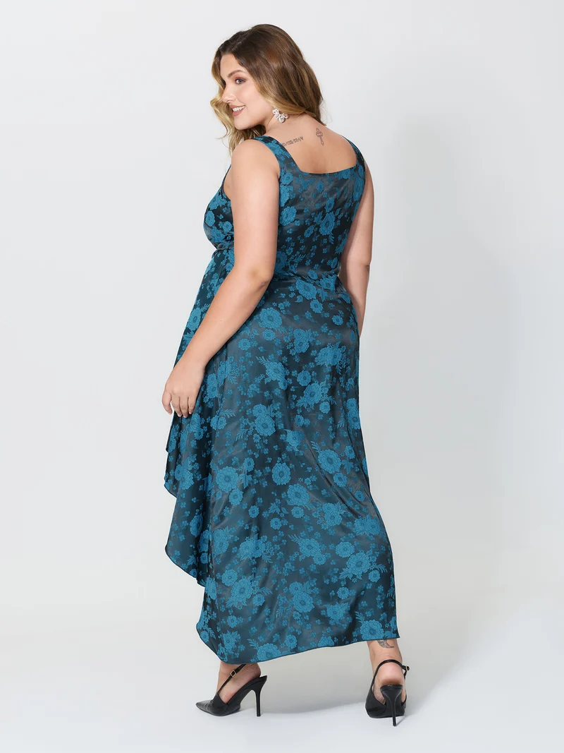 Floral Satin Stretch Asymmetrical Hem Midi Dress