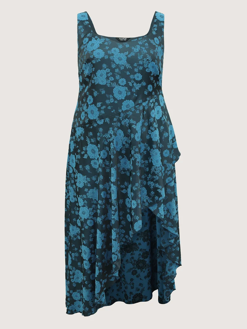Floral Satin Stretch Asymmetrical Hem Midi Dress