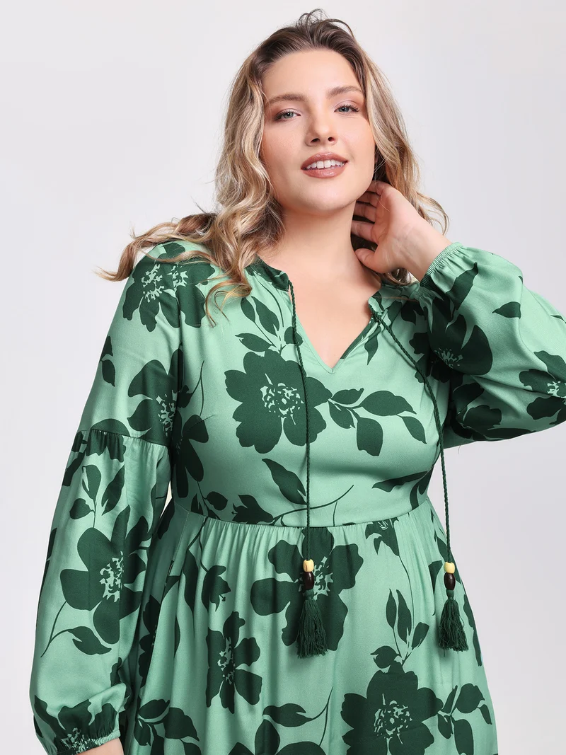 Floral Print Neck-Tie Tiered Midi Dress