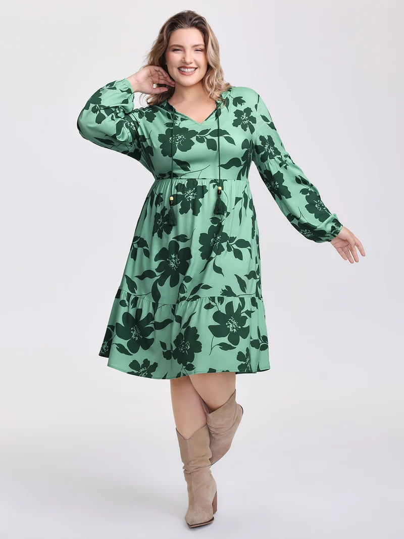 Floral Print Neck-Tie Tiered Midi Dress