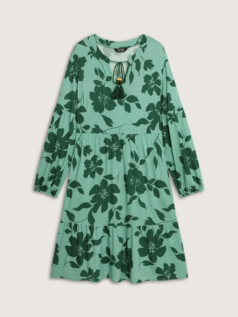 Floral Print Neck-Tie Tiered Midi Dress