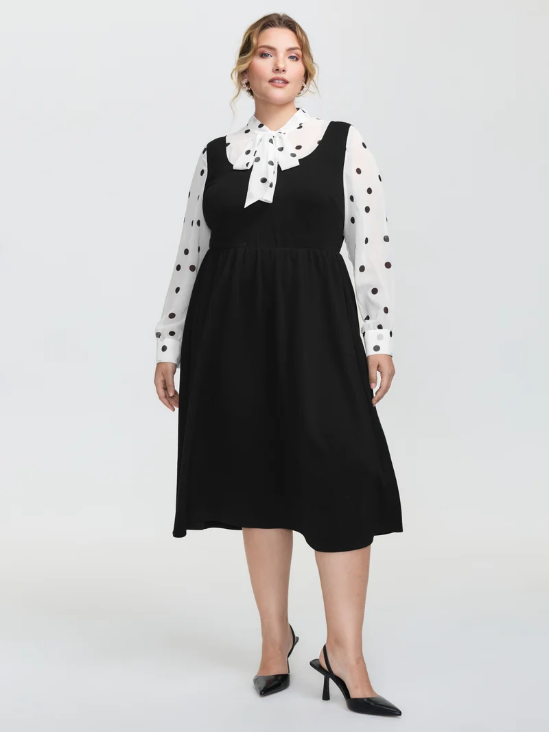 Polka Dot Neck Tie Midi Dress
