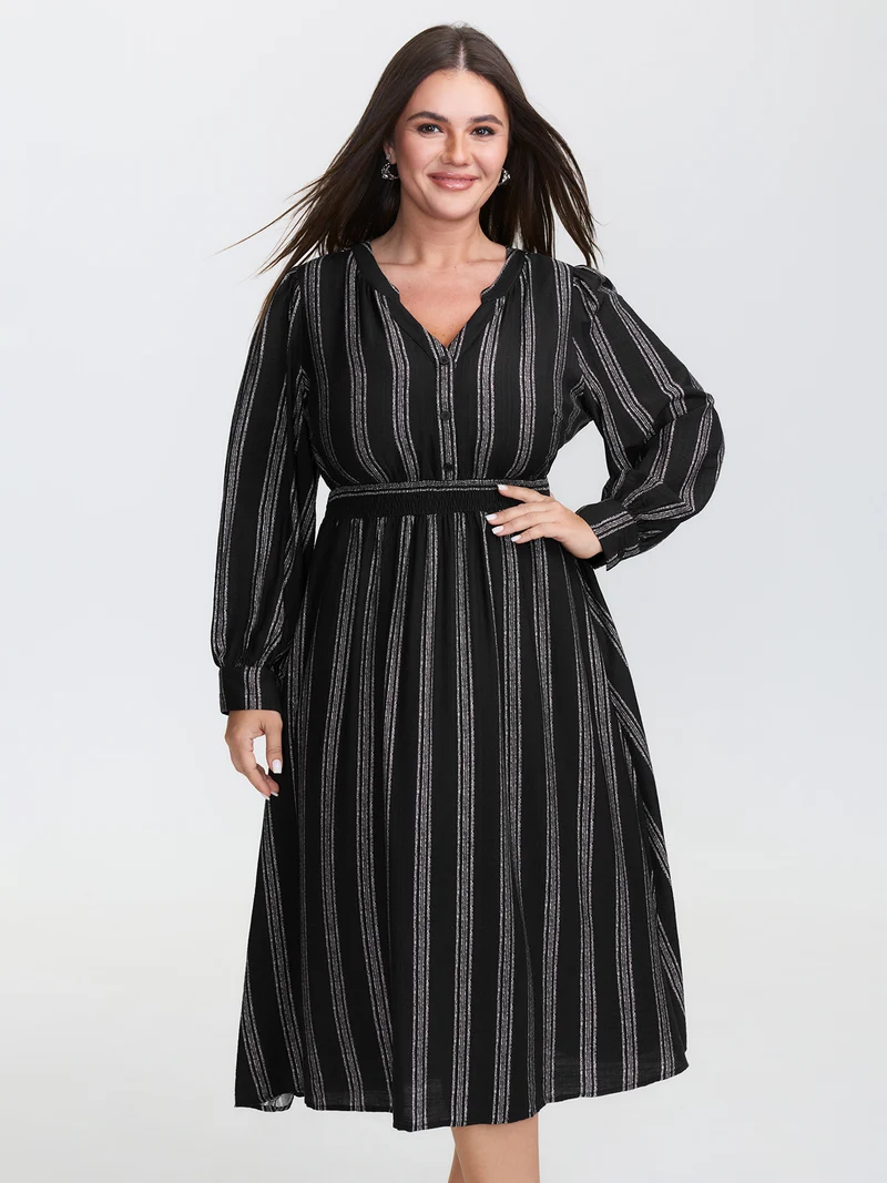 Monochrome Stripe Button Detail Midi Dress