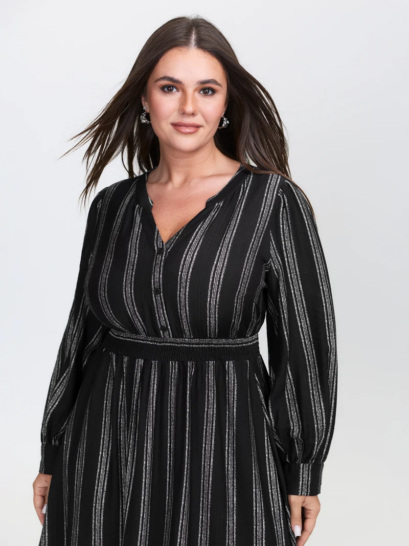 Monochrome Stripe Button Detail Midi Dress