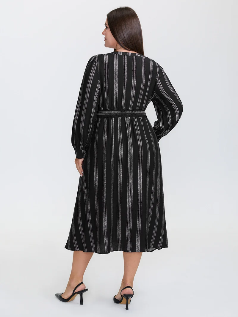 Monochrome Stripe Button Detail Midi Dress
