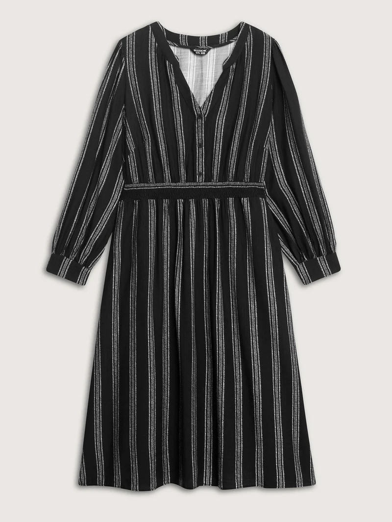 Monochrome Stripe Button Detail Midi Dress