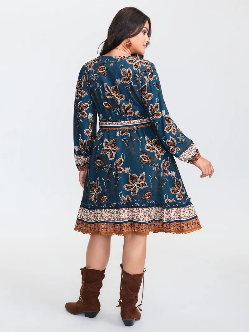 Floral Print Pockets Belted Waist Midi Dress
