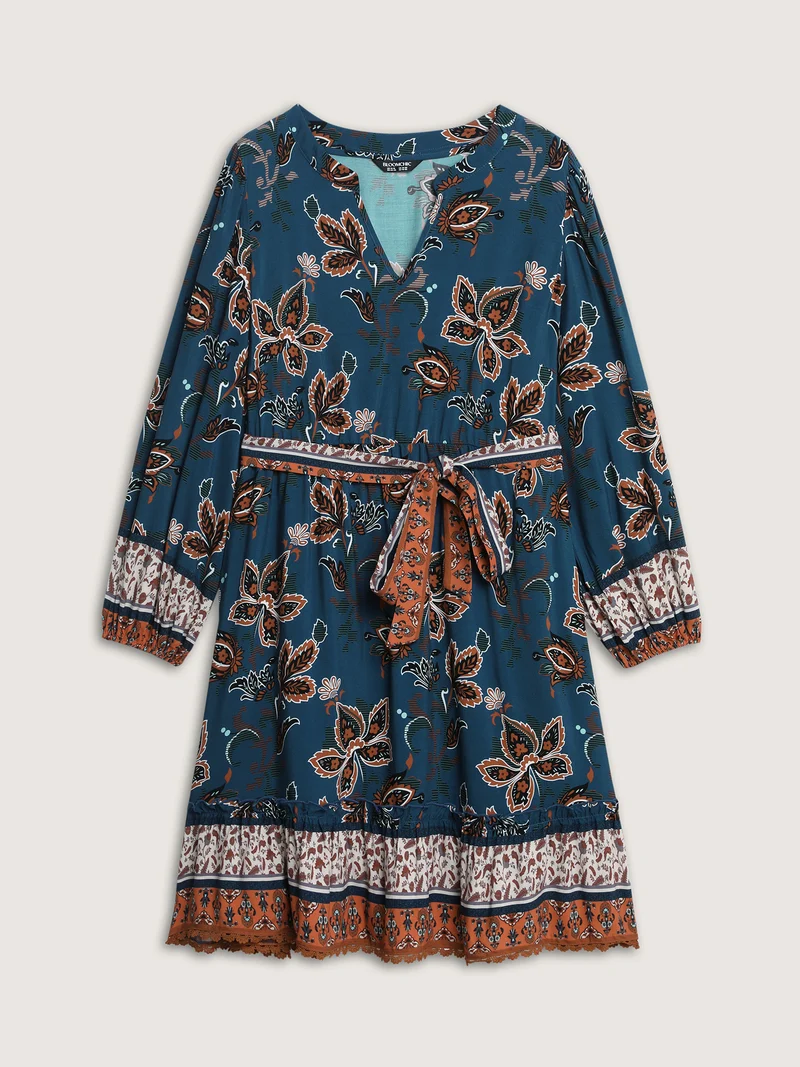Floral Print Pockets Belted Waist Midi Dress