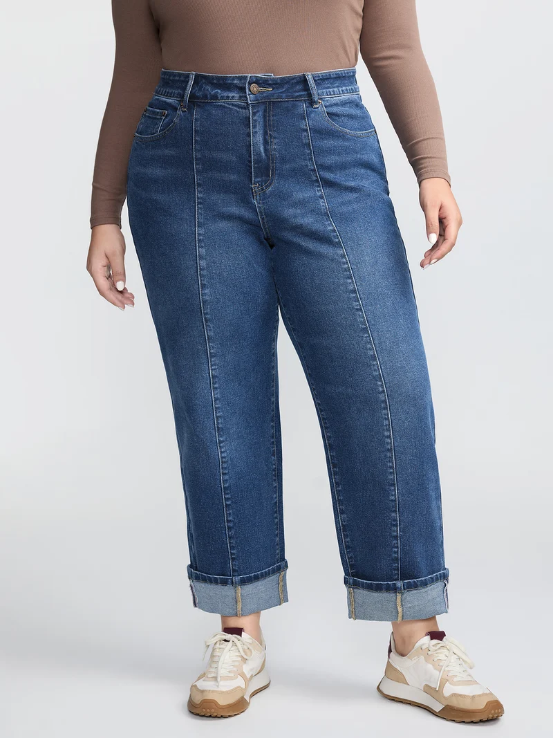 Seamed Rolled Hem Straight-Leg Jeans