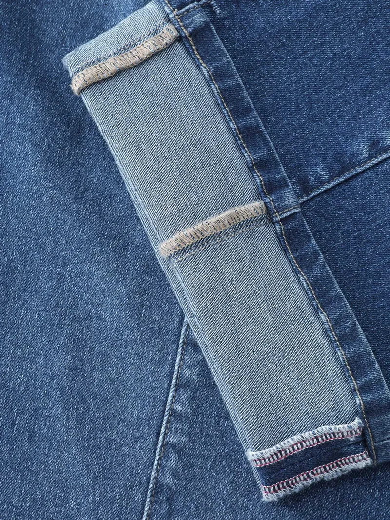 Seamed Rolled Hem Straight-Leg Jeans