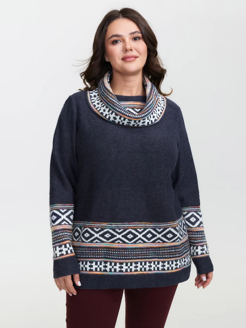 Boho Pattern Color Contrast Turtleneck Pullover