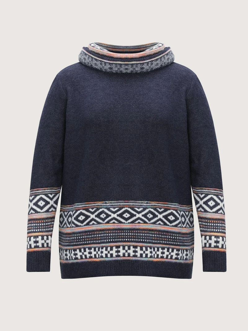 Boho Pattern Color Contrast Turtleneck Pullover