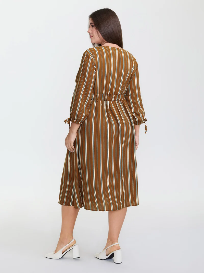 Striped V-Neck Belted Midi Dress