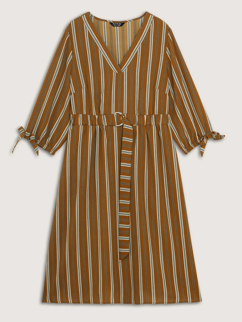 Striped V-Neck Belted Midi Dress