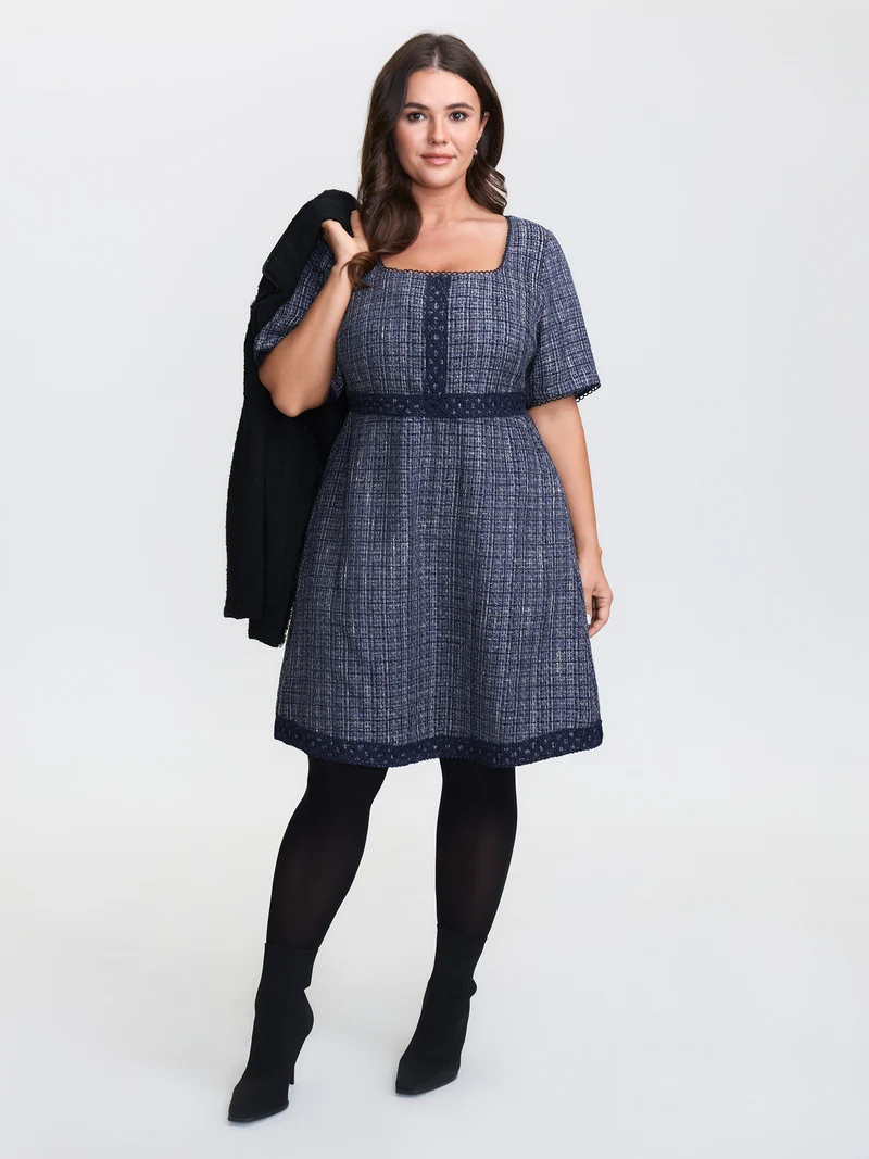 Tweed Lace Trim Square Neckline Midi Dress