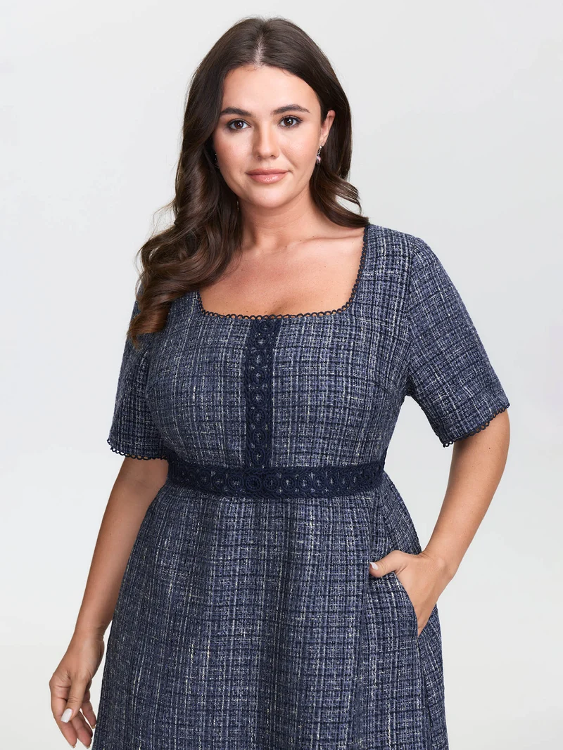 Tweed Lace Trim Square Neckline Midi Dress