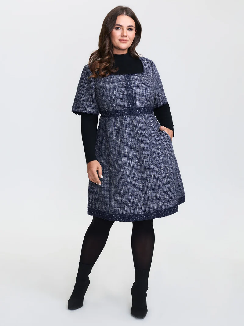 Tweed Lace Trim Square Neckline Midi Dress