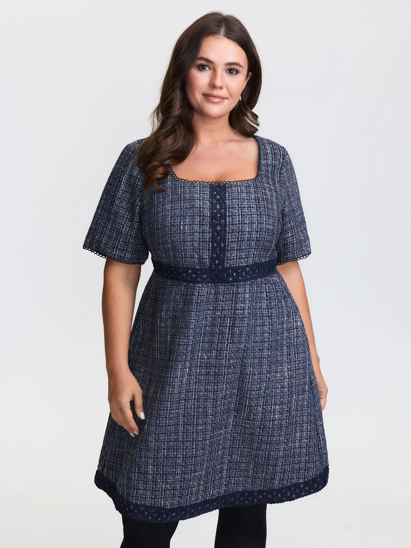 Tweed Lace Trim Square Neckline Midi Dress