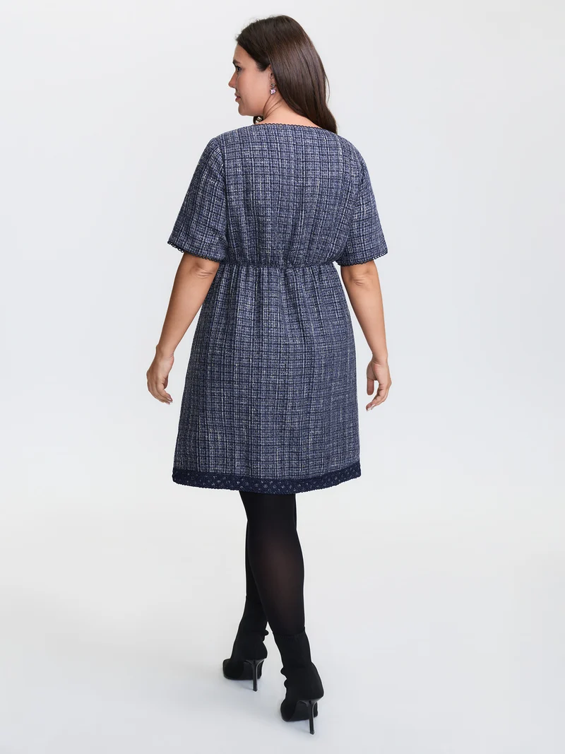 Tweed Lace Trim Square Neckline Midi Dress