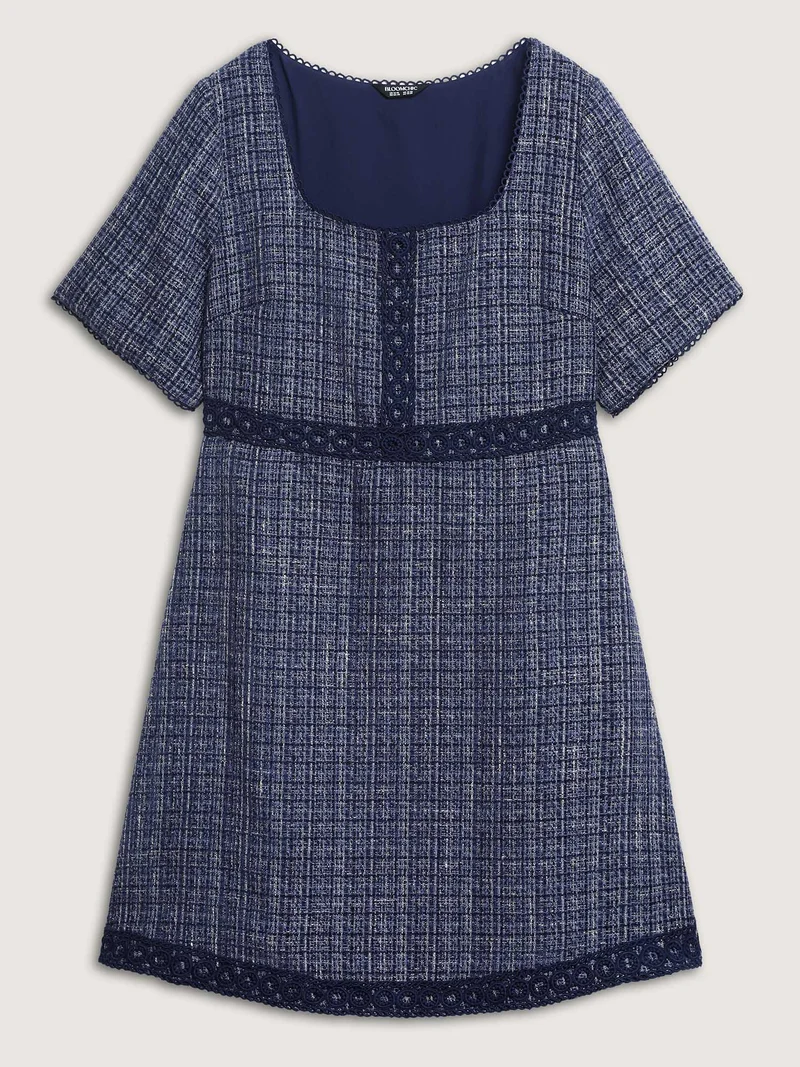 Tweed Lace Trim Square Neckline Midi Dress