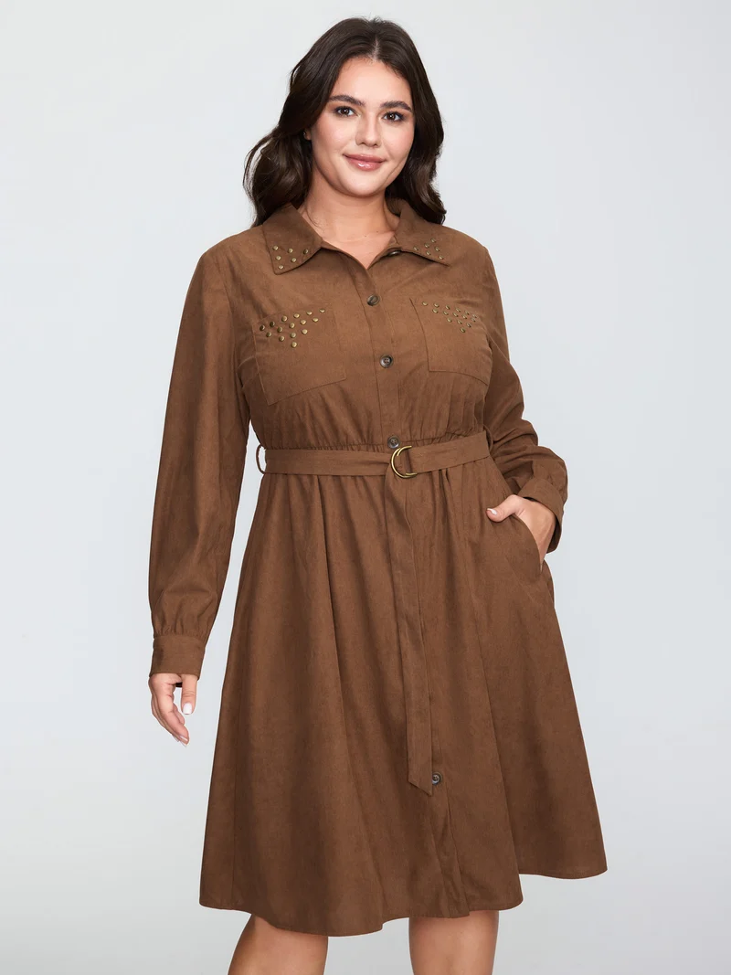 Corduroy Rivets Belted Waist Midi Shirt Dress