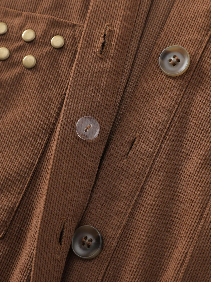 Corduroy Rivets Belted Waist Midi Shirt Dress