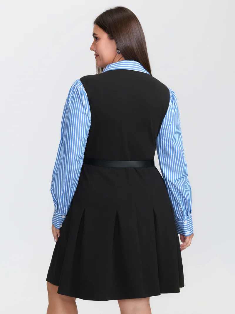 2-in-1 Color Contrast Belted Midi Dress