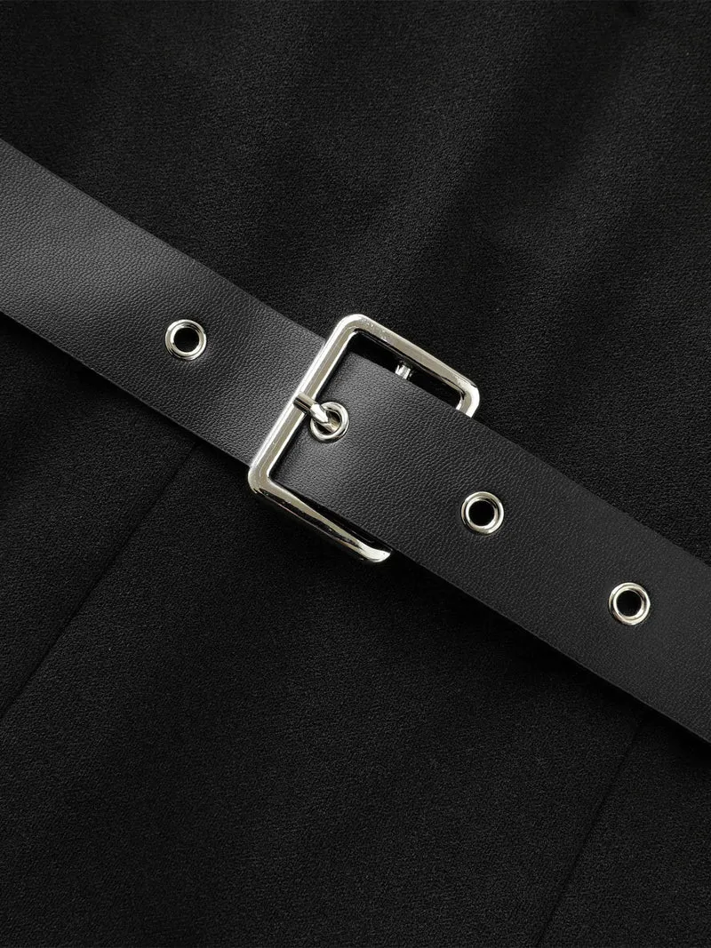 2-in-1 Color Contrast Belted Midi Dress