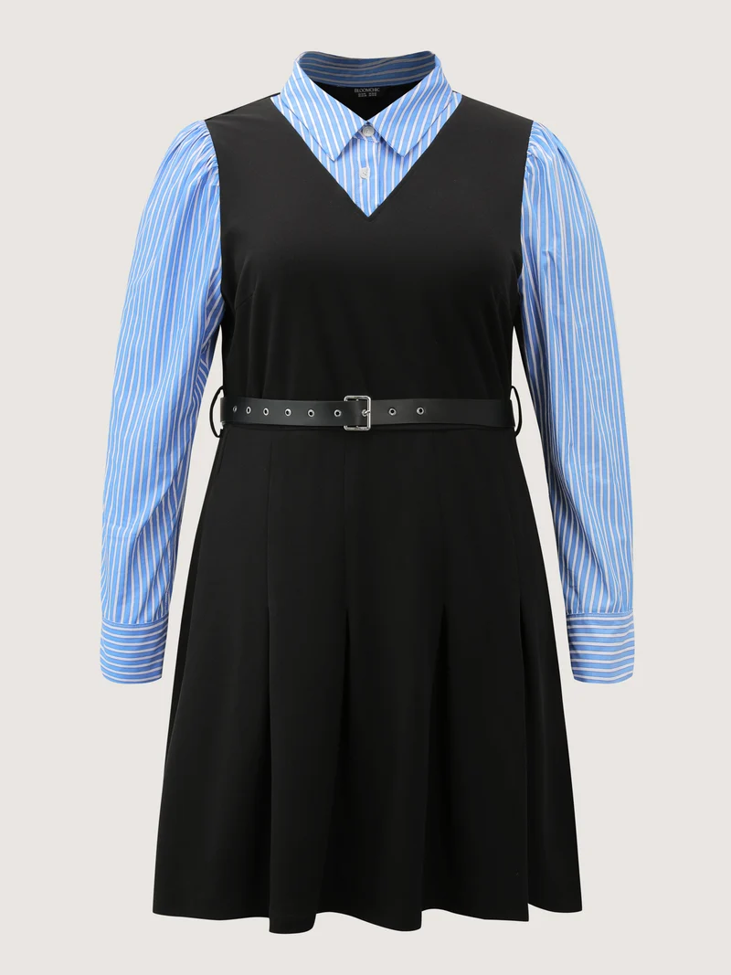 2-in-1 Color Contrast Belted Midi Dress