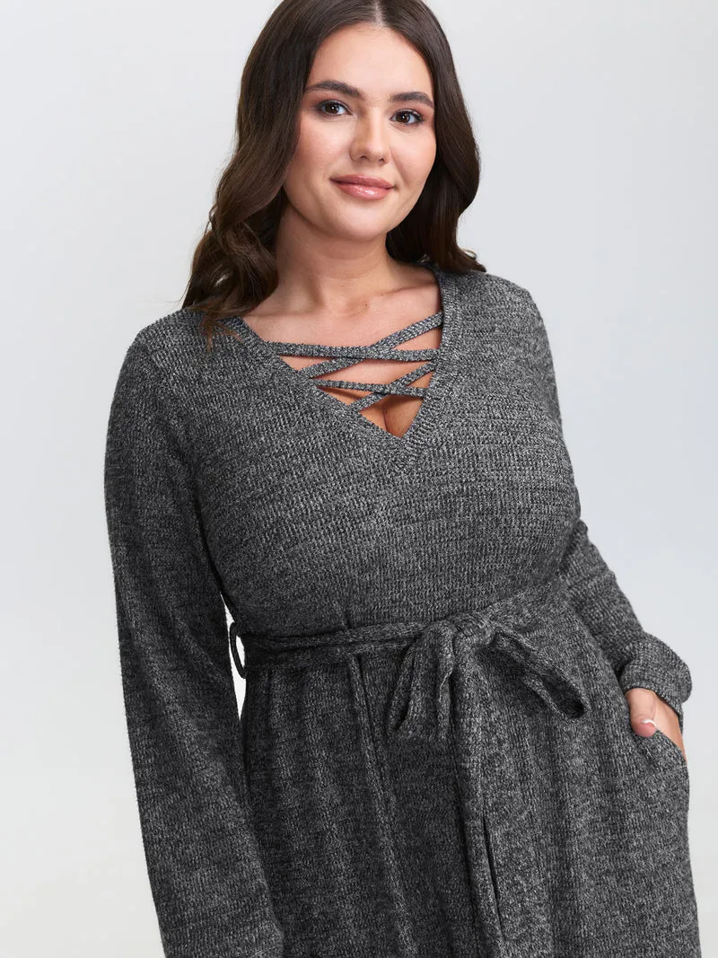 Textured Stretchy Neck Tie-Up Midi Dress