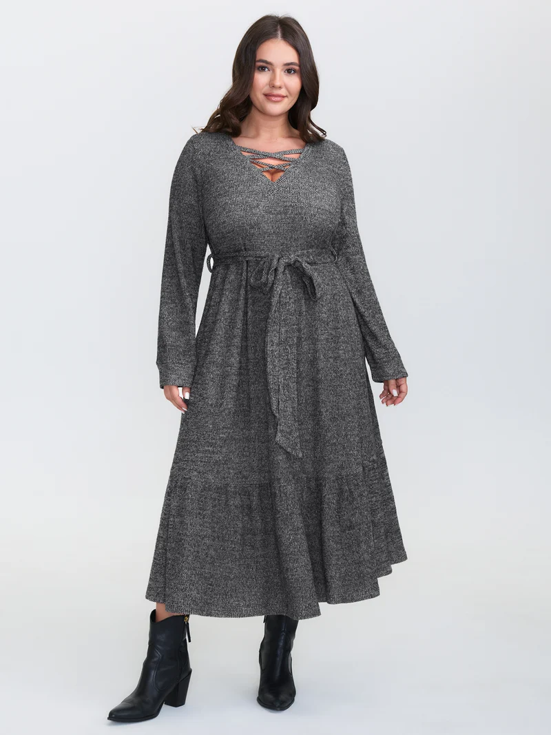 Textured Stretchy Neck Tie-Up Midi Dress