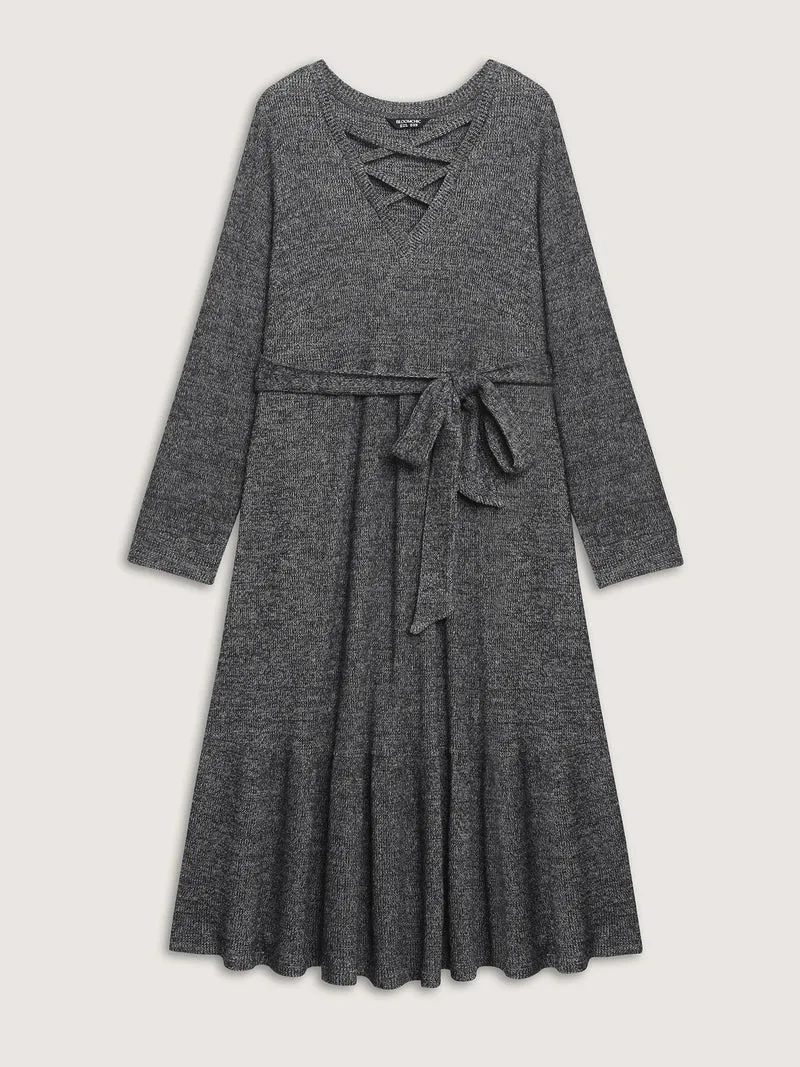 Textured Stretchy Neck Tie-Up Midi Dress