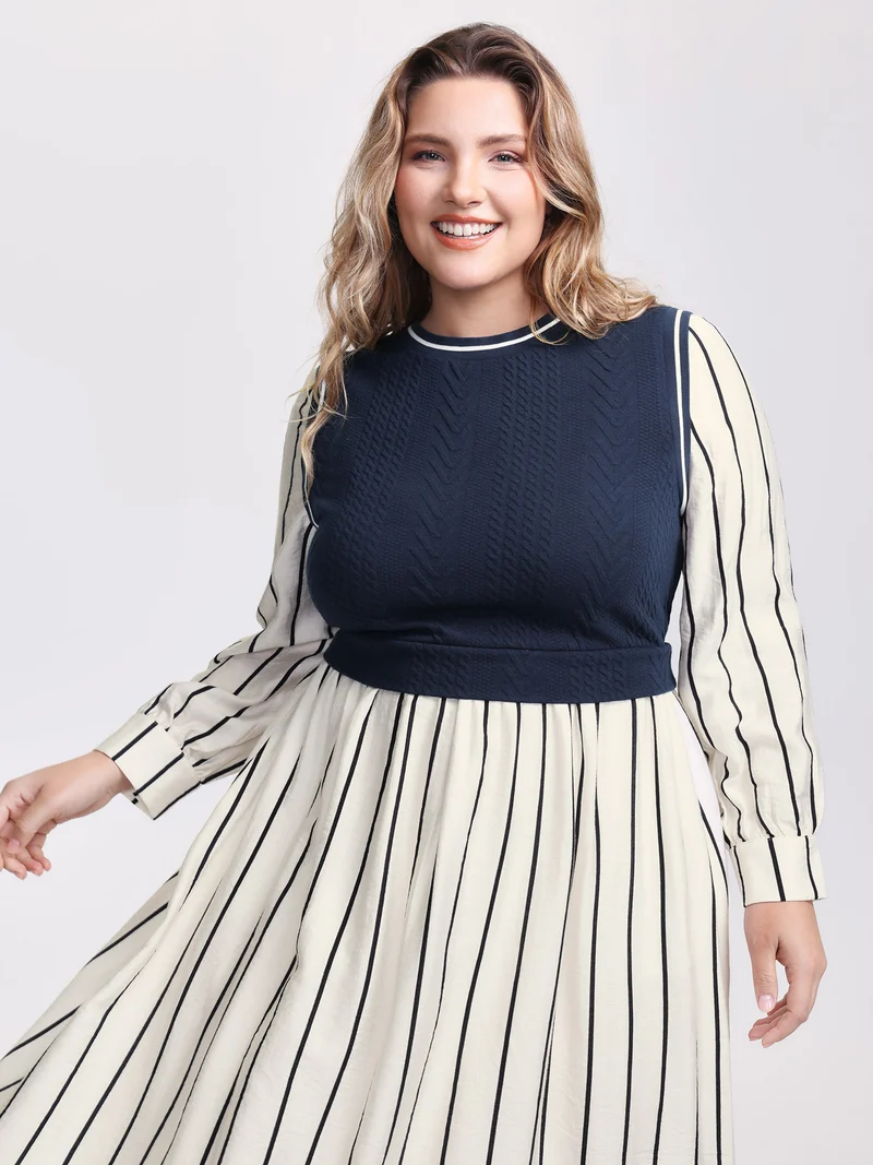Stripe Pockets Color Contrast Midi Dress