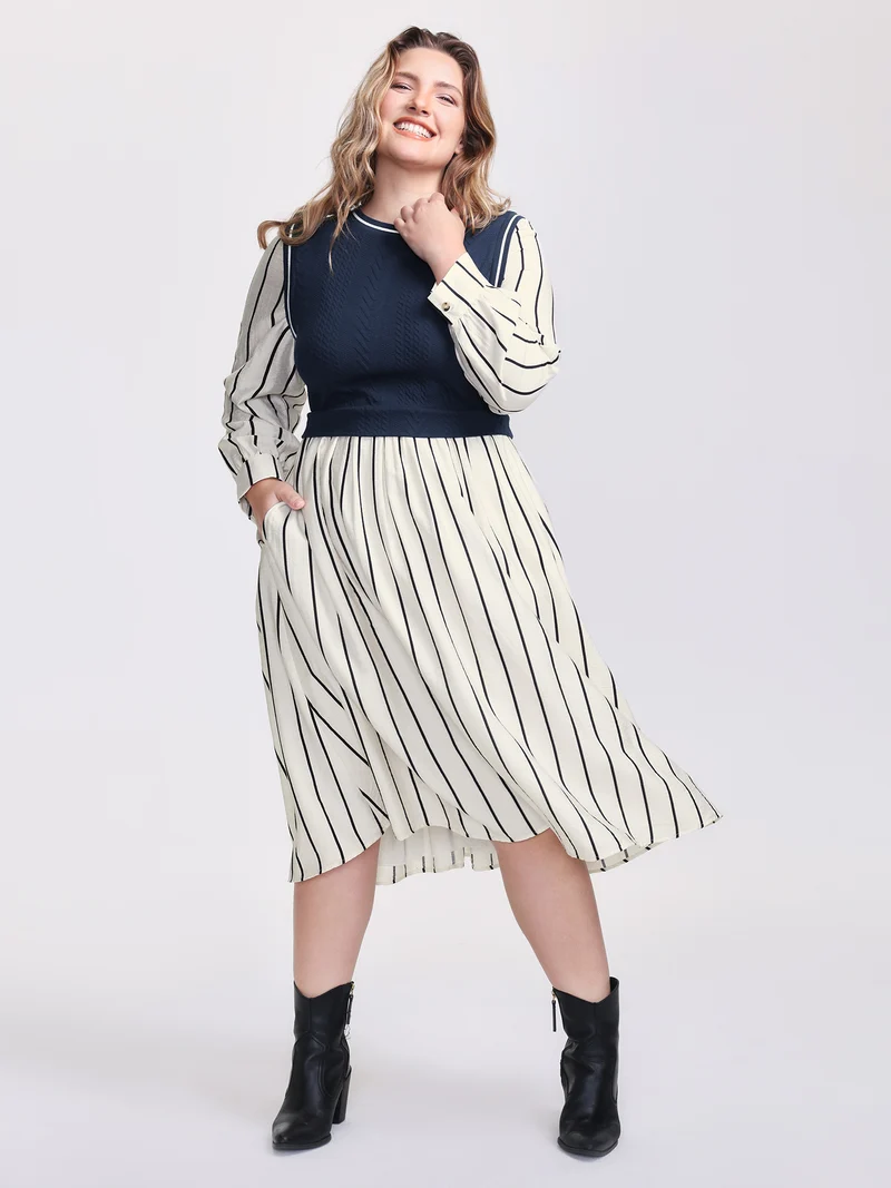 Stripe Pockets Color Contrast Midi Dress