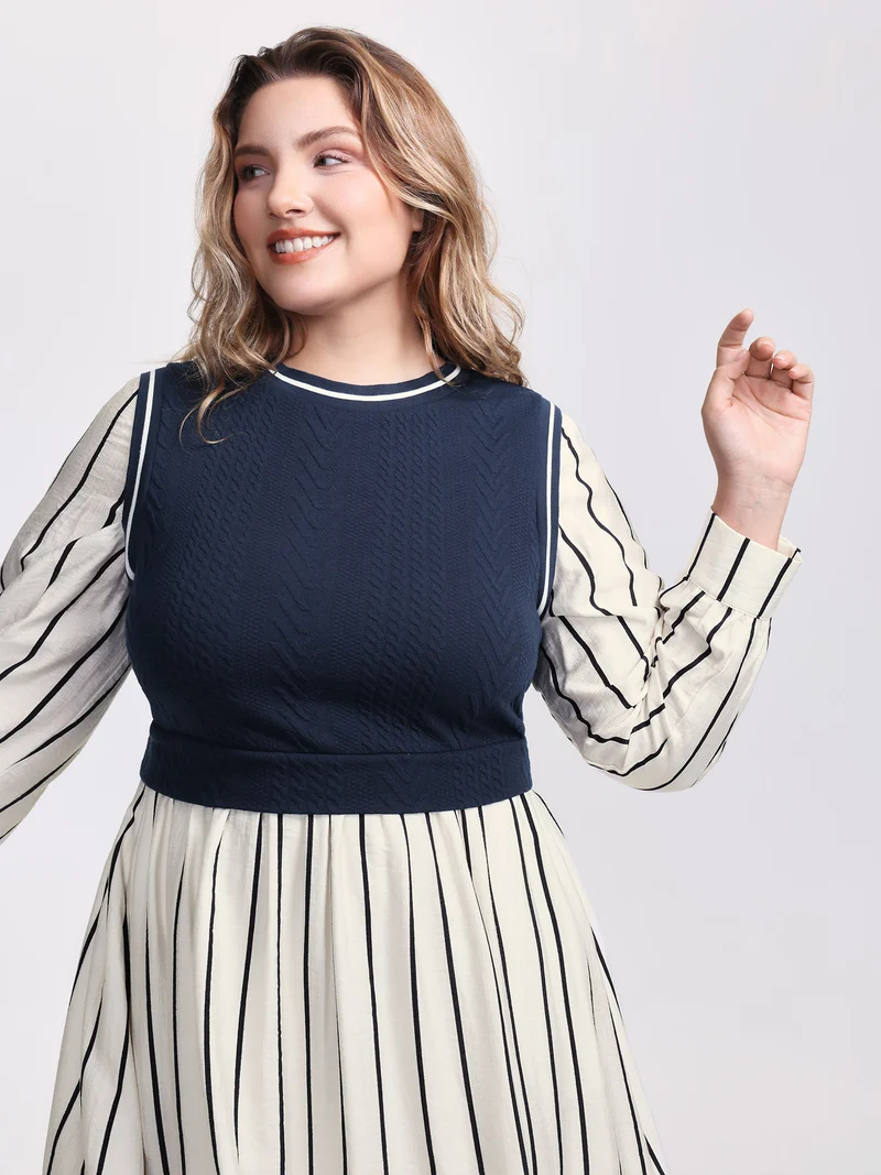 Stripe Pockets Color Contrast Midi Dress