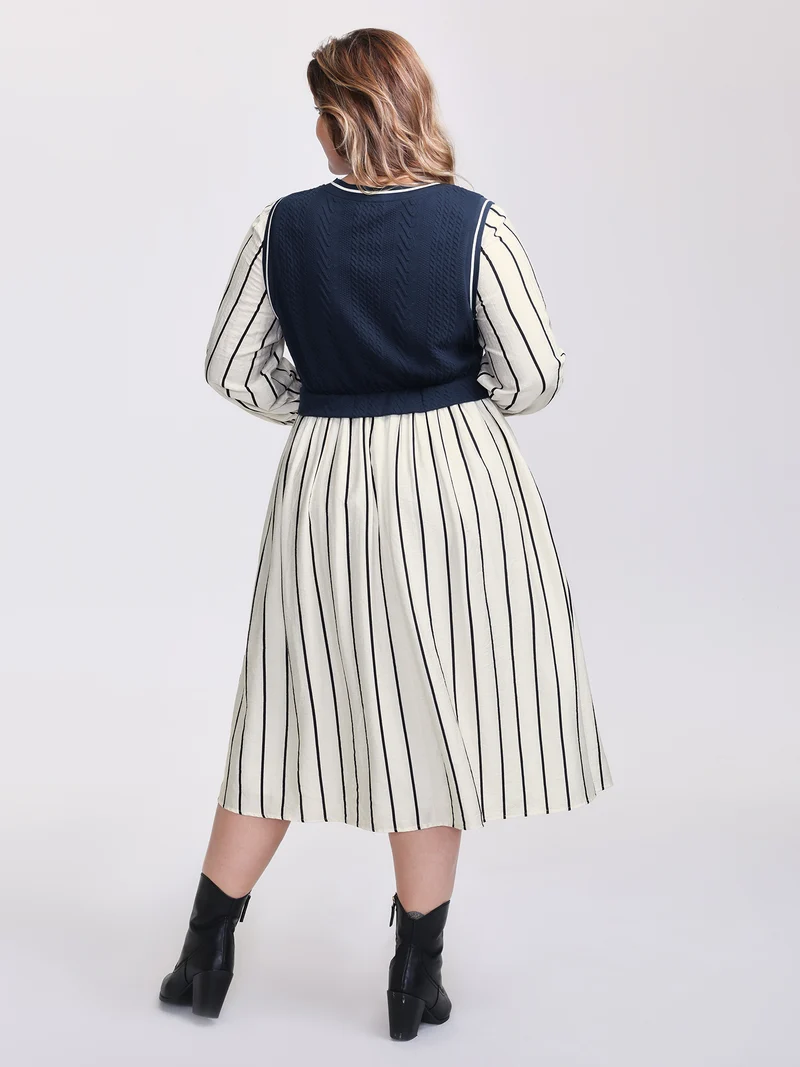 Stripe Pockets Color Contrast Midi Dress