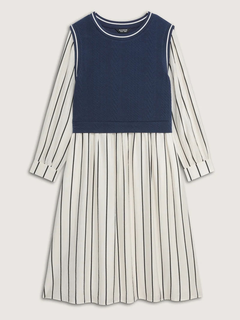 Stripe Pockets Color Contrast Midi Dress