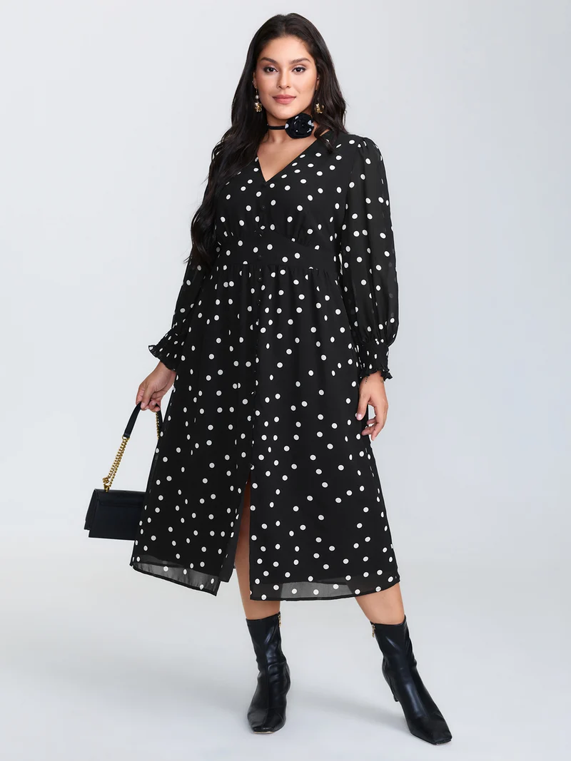 Vintage Polka Dots Puffy Sleeve Midi Dress