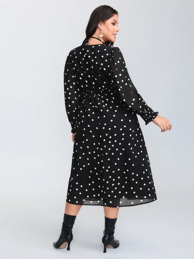 Vintage Polka Dots Puffy Sleeve Midi Dress